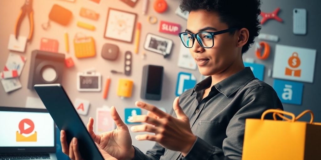 Person using devices to promote affiliate products effectively.