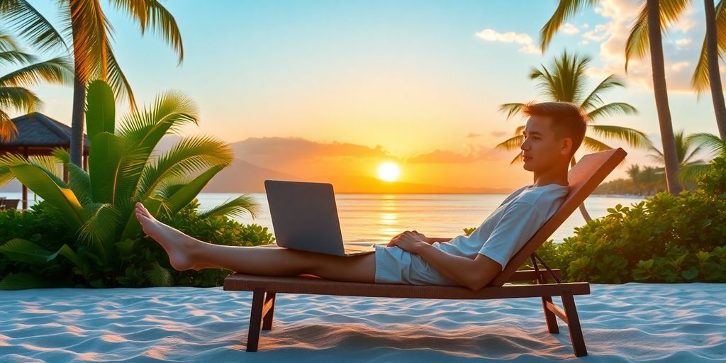 Person on beach with laptop, enjoying financial freedom.