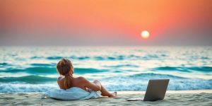 Person working on a laptop at the beach during sunset.