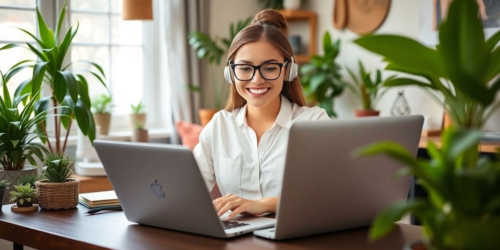 Virtual assistant working in a cozy home office setting.