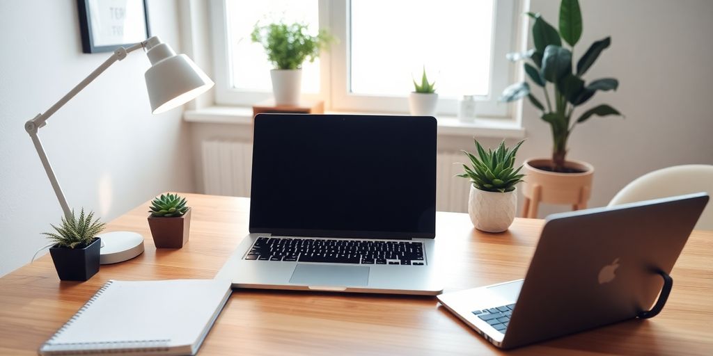 Cozy home office with laptop and plants for entrepreneurs.