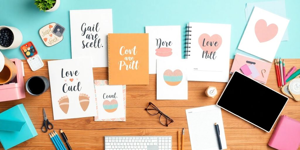 Colorful digital downloads arranged on a wooden desk.