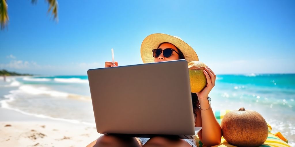 Person relaxing on beach with laptop and coconut drink.