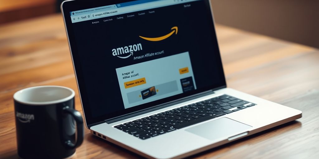 Laptop on a desk showing Amazon Affiliate setup.