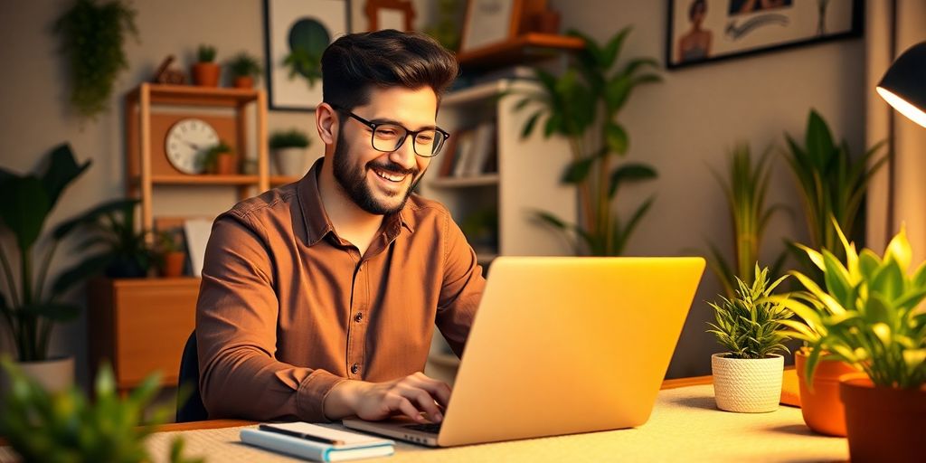Entrepreneur working on laptop in a stylish home office.