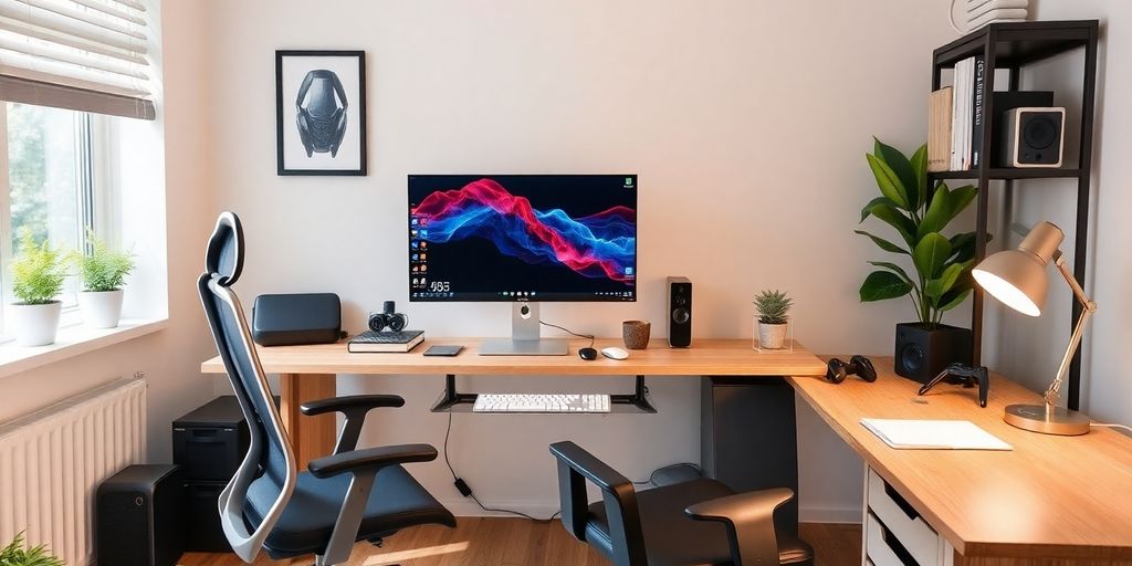 Modern home office with ergonomic furniture and tech gadgets.