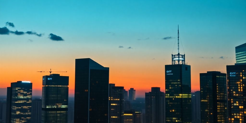 Brightly lit cityscape, diverse startup offices, innovative technology
