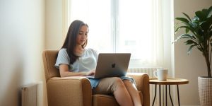 Woman works on laptop in sunlit home.