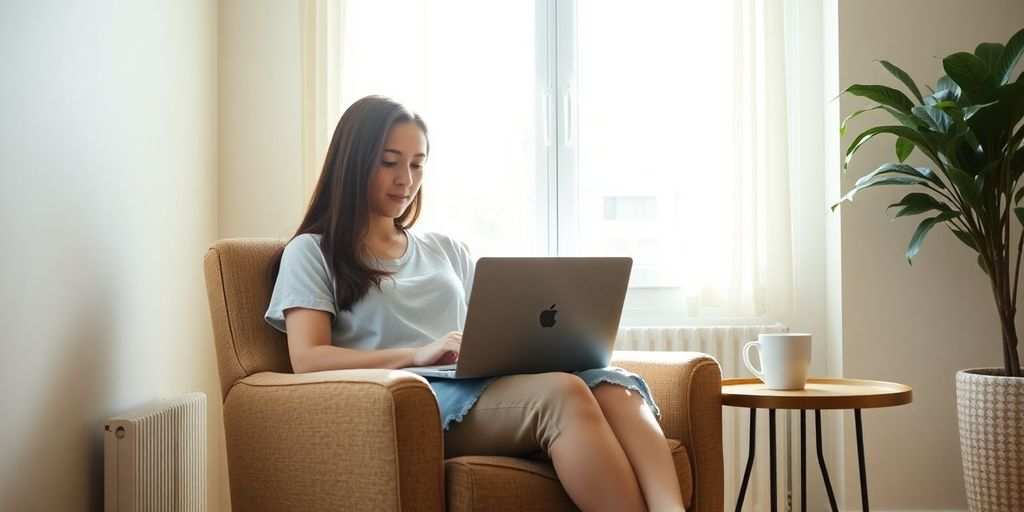 Woman works on laptop in sunlit home.
