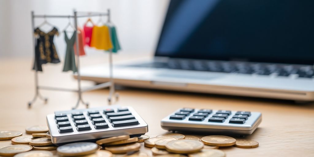 Coins, calculator, small clothing rack, and laptop.