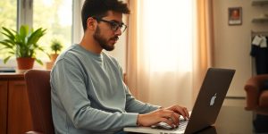 Person working on laptop, comfortable home setting.