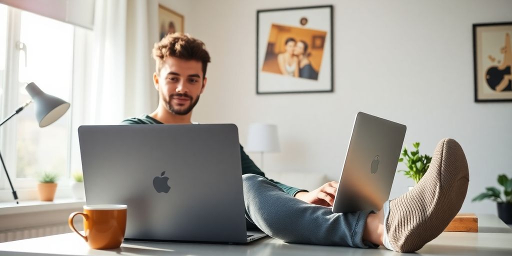 Person smiling, working remotely on a laptop