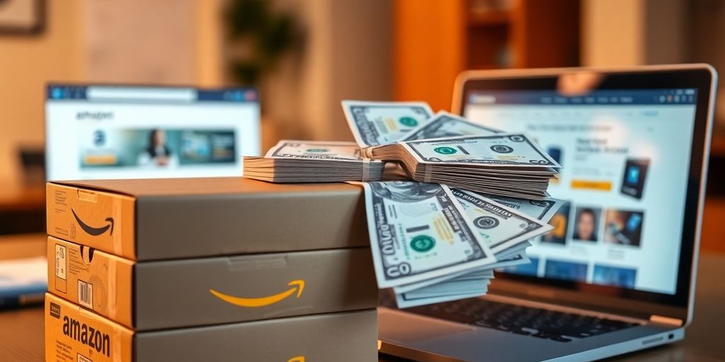 Money, Amazon boxes, and a laptop