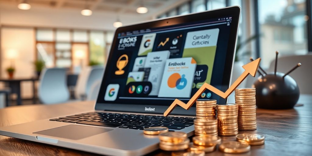 Laptop, digital products, coins, and growth arrow.