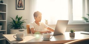Person working from home with laptop and coffee.