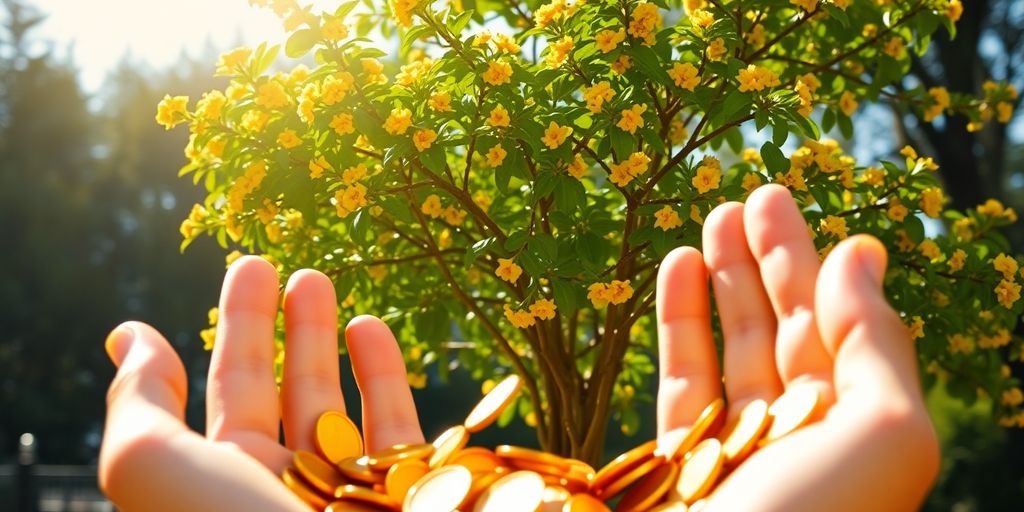 Coins cascading into open hands, vibrant blooming money tree.