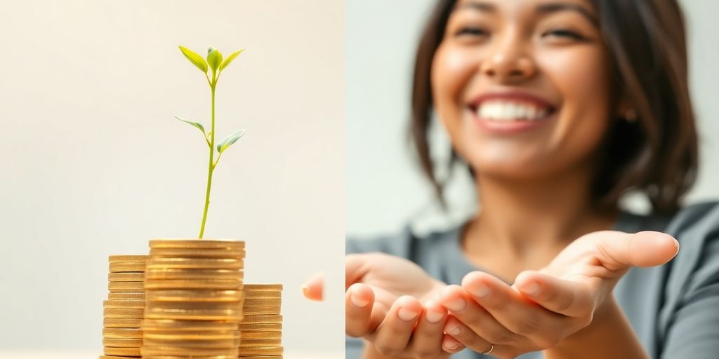 Coins stacked, growing plant, smiling person.
