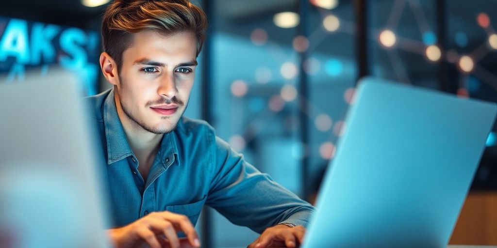 Entrepreneur with laptop and vibrant digital marketing graphics.
