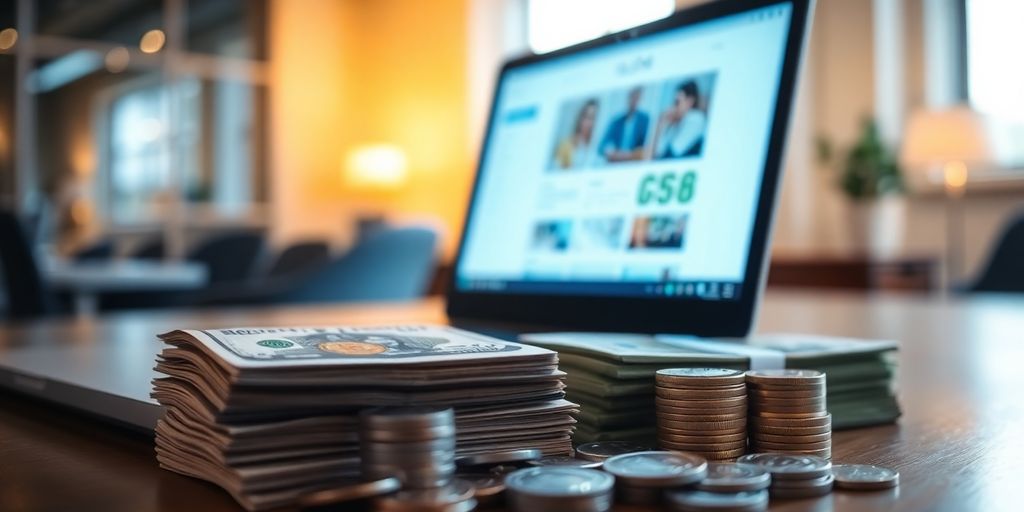 Laptop, money, and website elements.