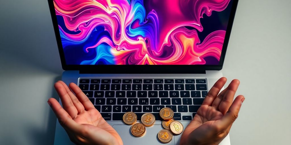 Laptop, coins, digital art, open hands, bright light.