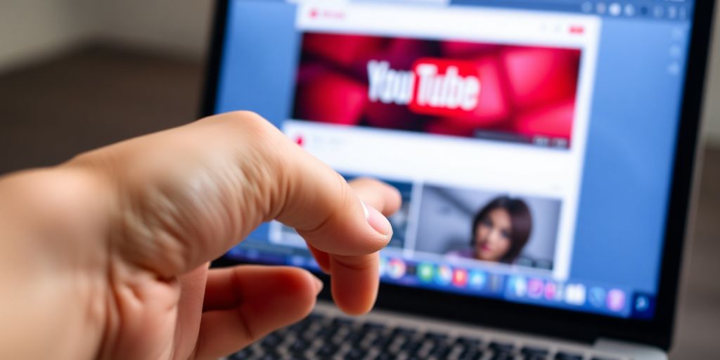 Person pointing at a laptop screen with YouTube open.