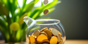 Coins falling into a piggy bank, green plants