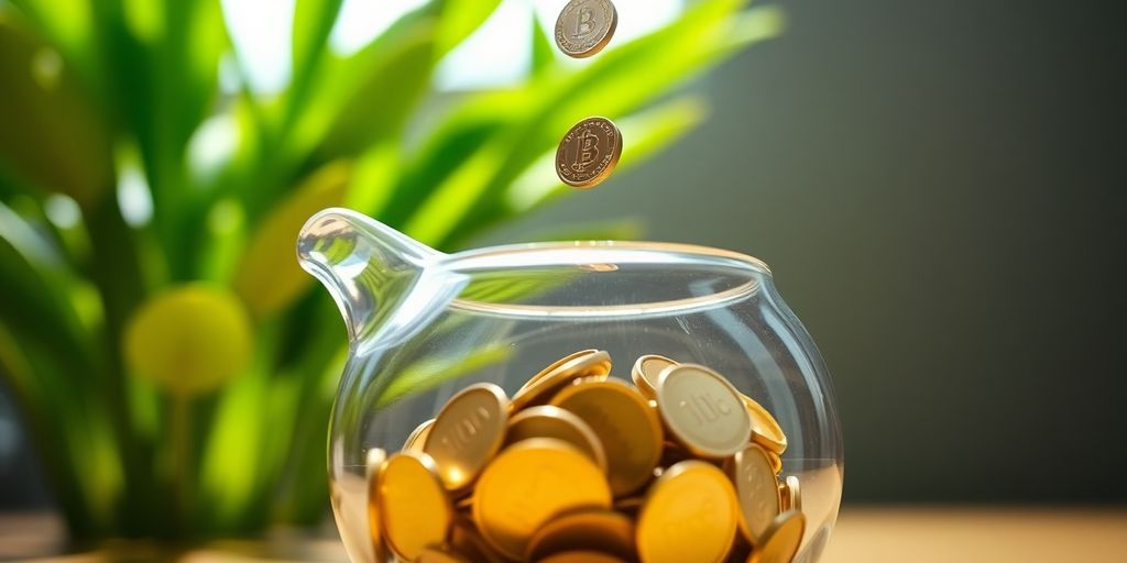 Coins falling into a piggy bank, green plants