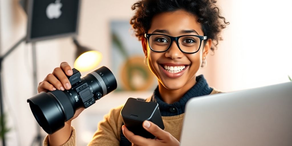 Young person holding camera, laptop, affiliate links.