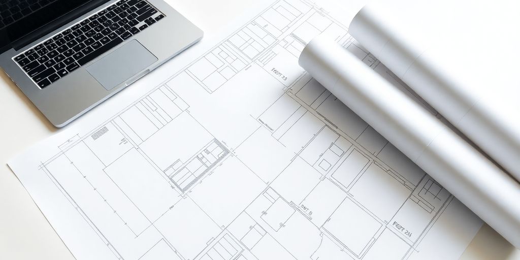 Blueprint on a desk with a laptop.