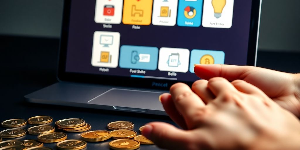 Laptop, coins, open hands, digital products