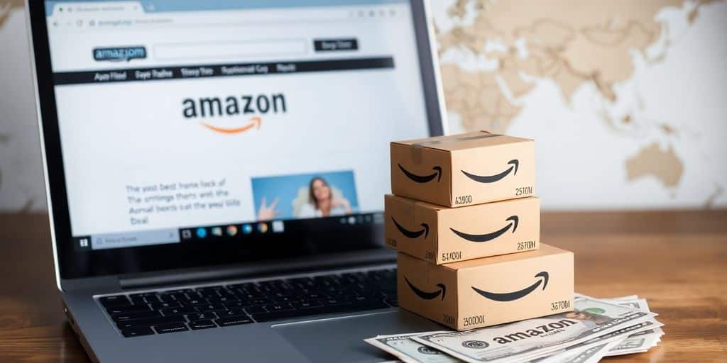 Laptop, Amazon boxes, money, global map background.
