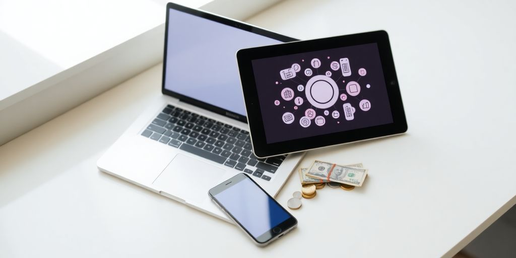 Laptop, tablet, phone, money.