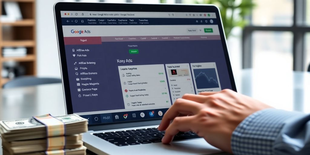 Laptop with Google Ads, affiliate links, and cash.