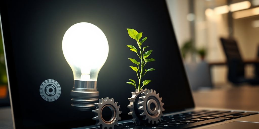 Laptop with lightbulb, gears, and growing plant