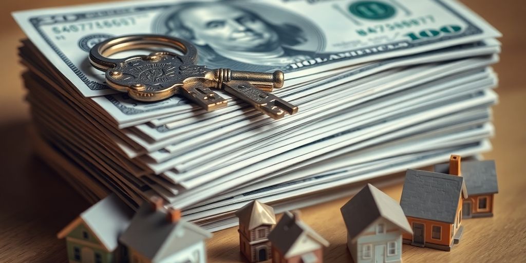 Stack of money with key and tiny houses