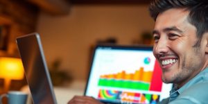 Laptop, vibrant charts, successful person smiling