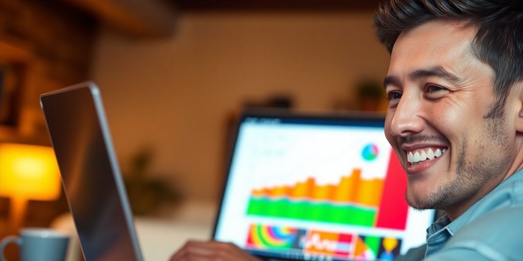 Laptop, vibrant charts, successful person smiling