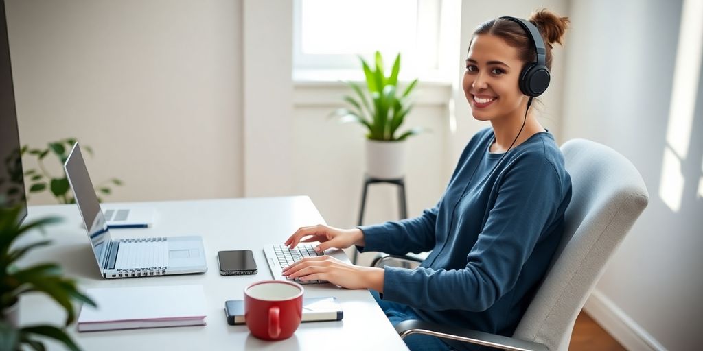 Woman typing at home desk with laptop, coffee mug, plant