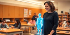 Teacher interacting with a holographic assistant in classroom.