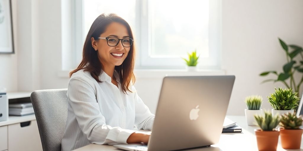 Virtual assistant working on laptop